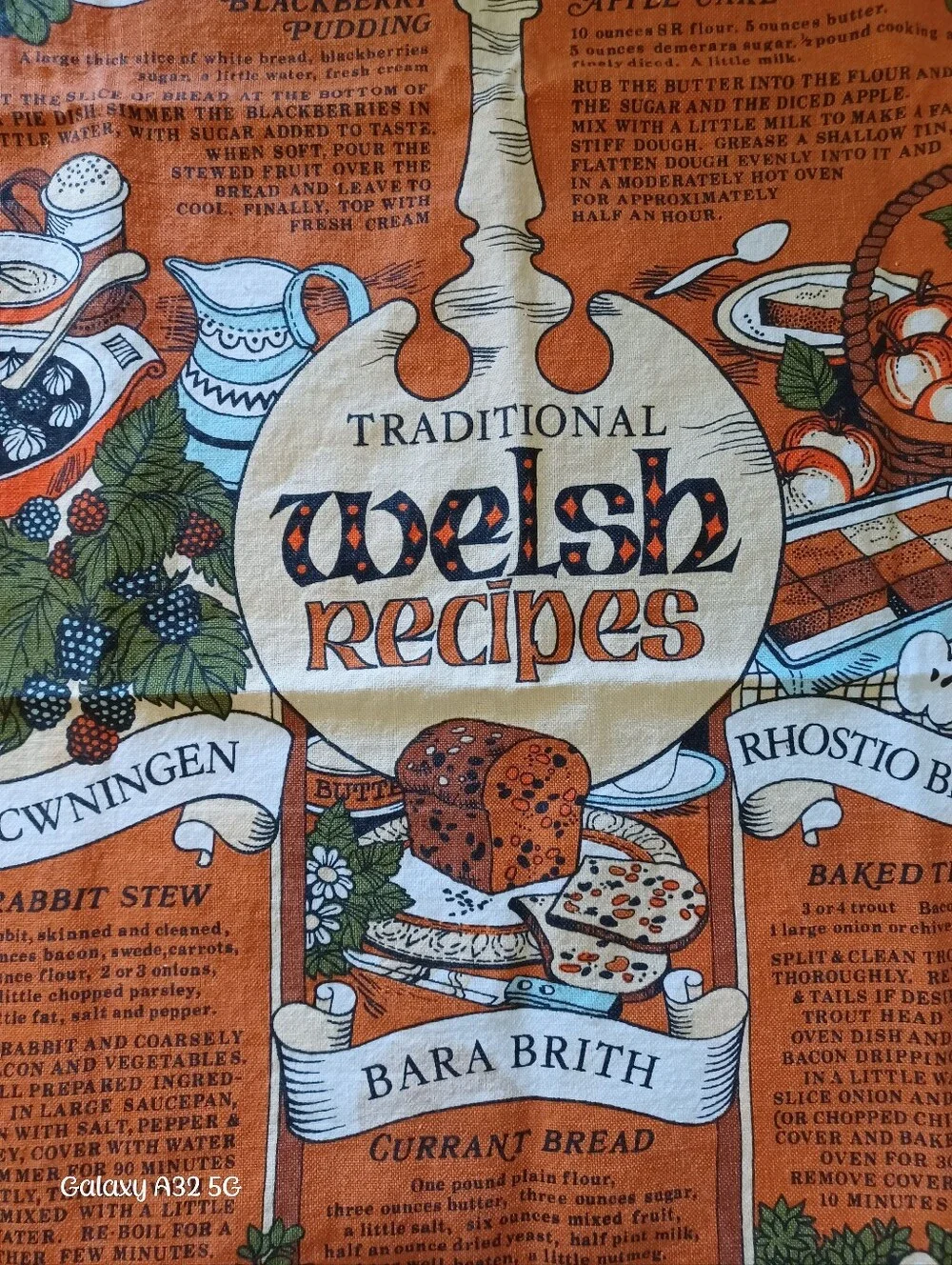 Vintage Traditional Welsh Recipes Cotton Tea Towel Orange Multicolor